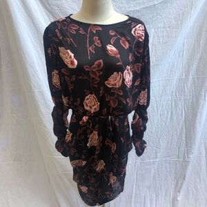 Zara Printed Roses Mini Dress Ruched Long Sleeves